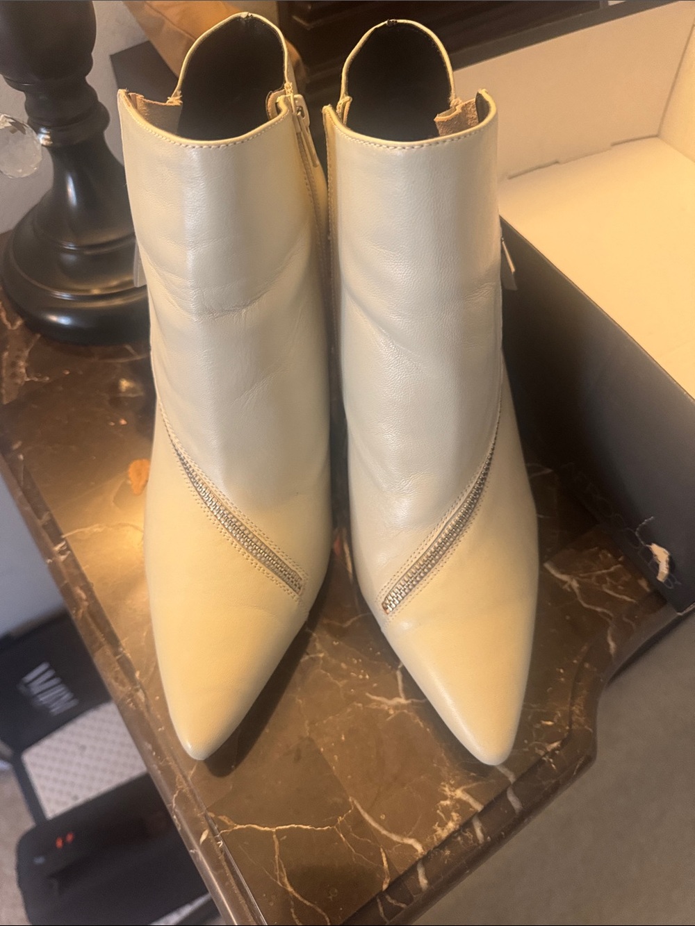 AEROSOLES Cream Pointed Toe Ankle Booties with Diagonal Zip Detail